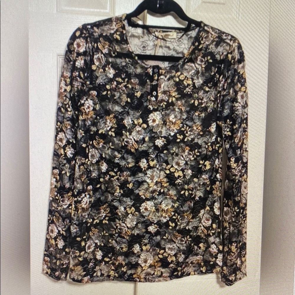 Floral Long Sleeve Top - Black and Gold